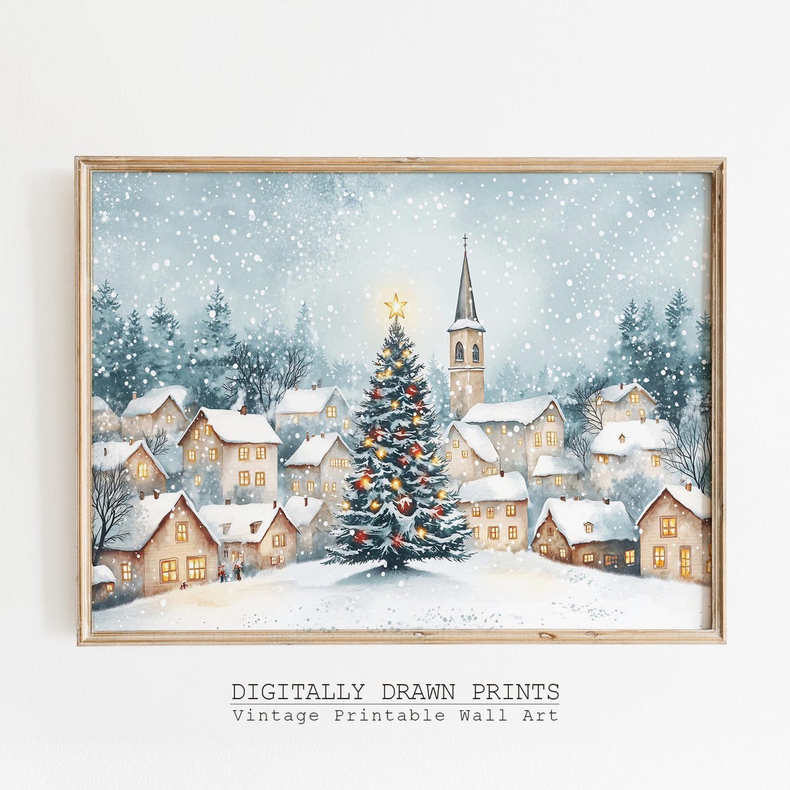 Snowy Christmas Village Church Steeple Lit Tree Glowing Windows Poster