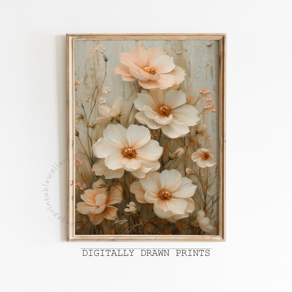 Large Blush Peach Cosmos Flowers Soft Neutral Botanical Wall Art