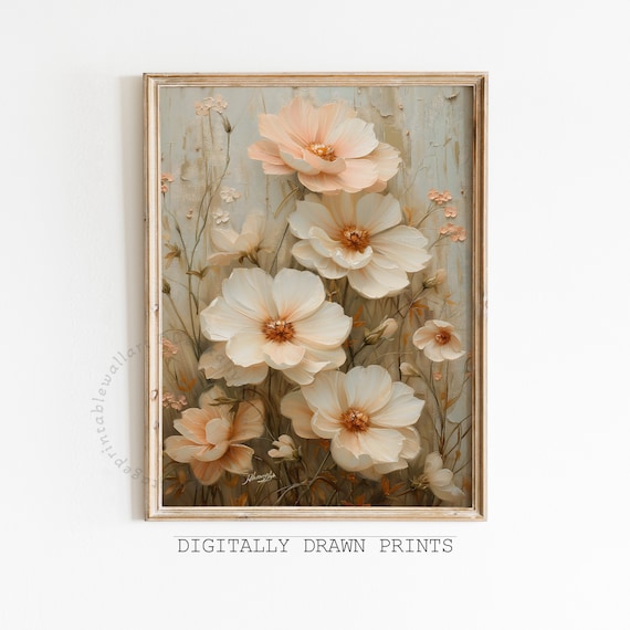 Large Blush Peach Cosmos Flowers Soft Neutral Botanical Wall Art
