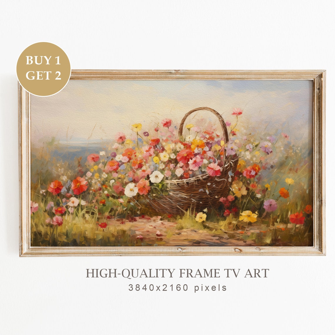 Basket Of Wildflowers Sunny Meadow Spring Oil Painting Art Print