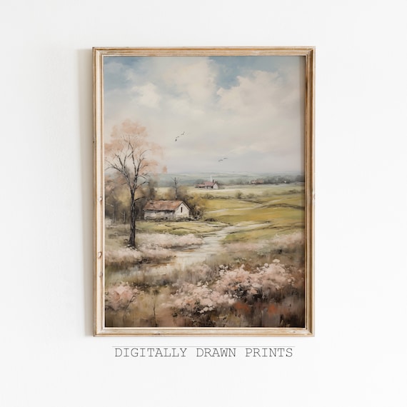 Muted Spring Landscape Art Print, Vintage Cottagecore