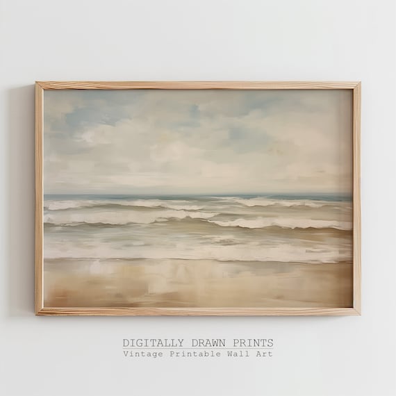 Neutral Beach Seascape Soft Waves Pale Sand Cloudy Sky Wall Art