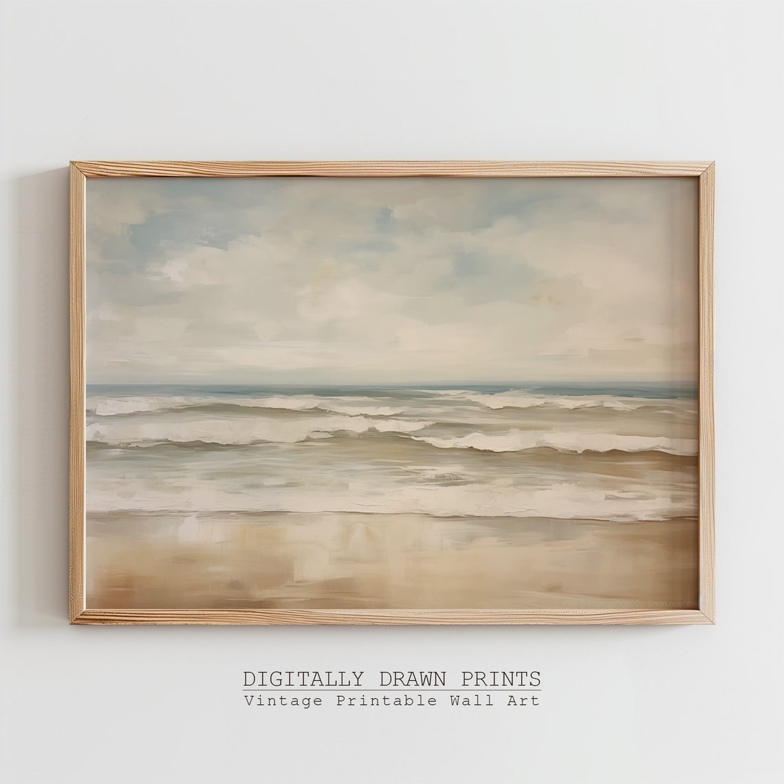 Neutral Beach Seascape Soft Waves Pale Sand Cloudy Sky Wall Art