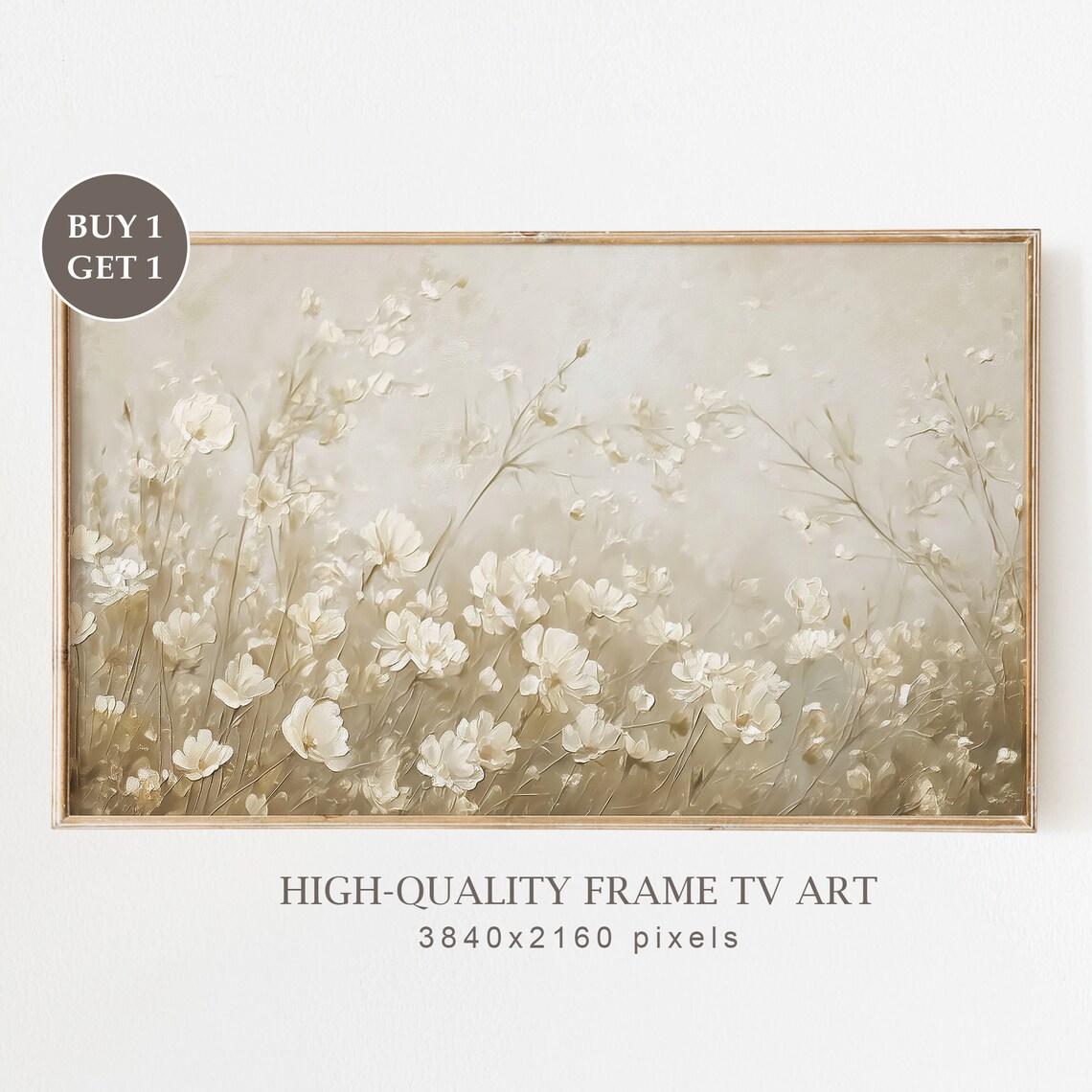 Neutral Beige Wildflowers Textured Oil Painting Botanical Poster