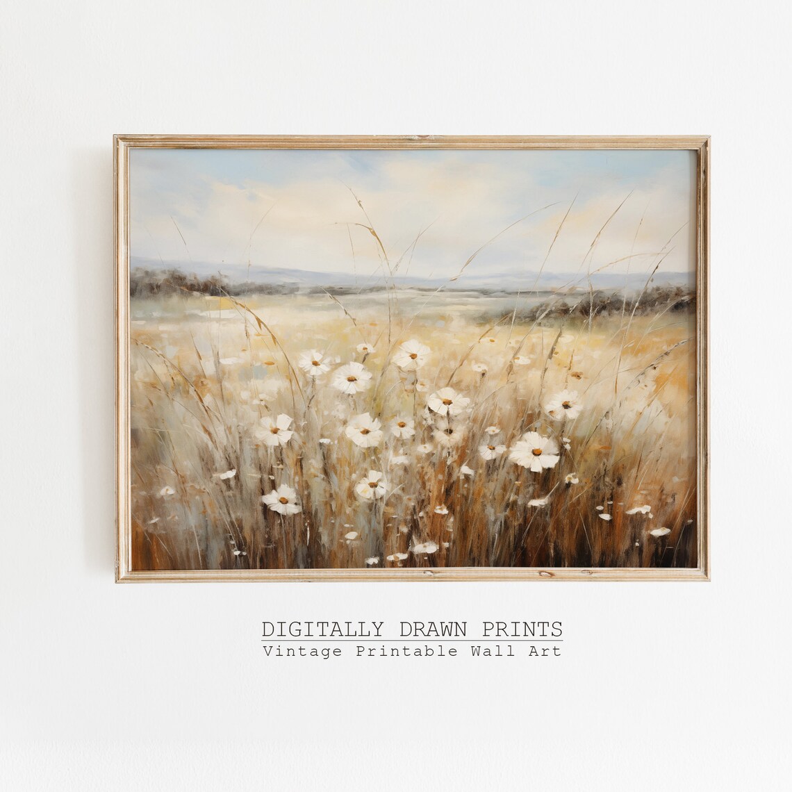 Wildflower Field Landscape Vintage Oil Painting Print