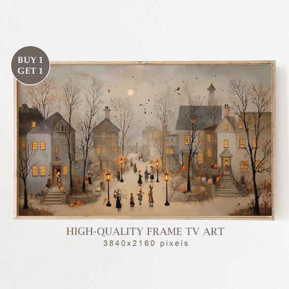 Abstract Halloween Village Frame Tv Art Vintage Spooky Town Autumn Landscape Pumpkin Trickortreat
