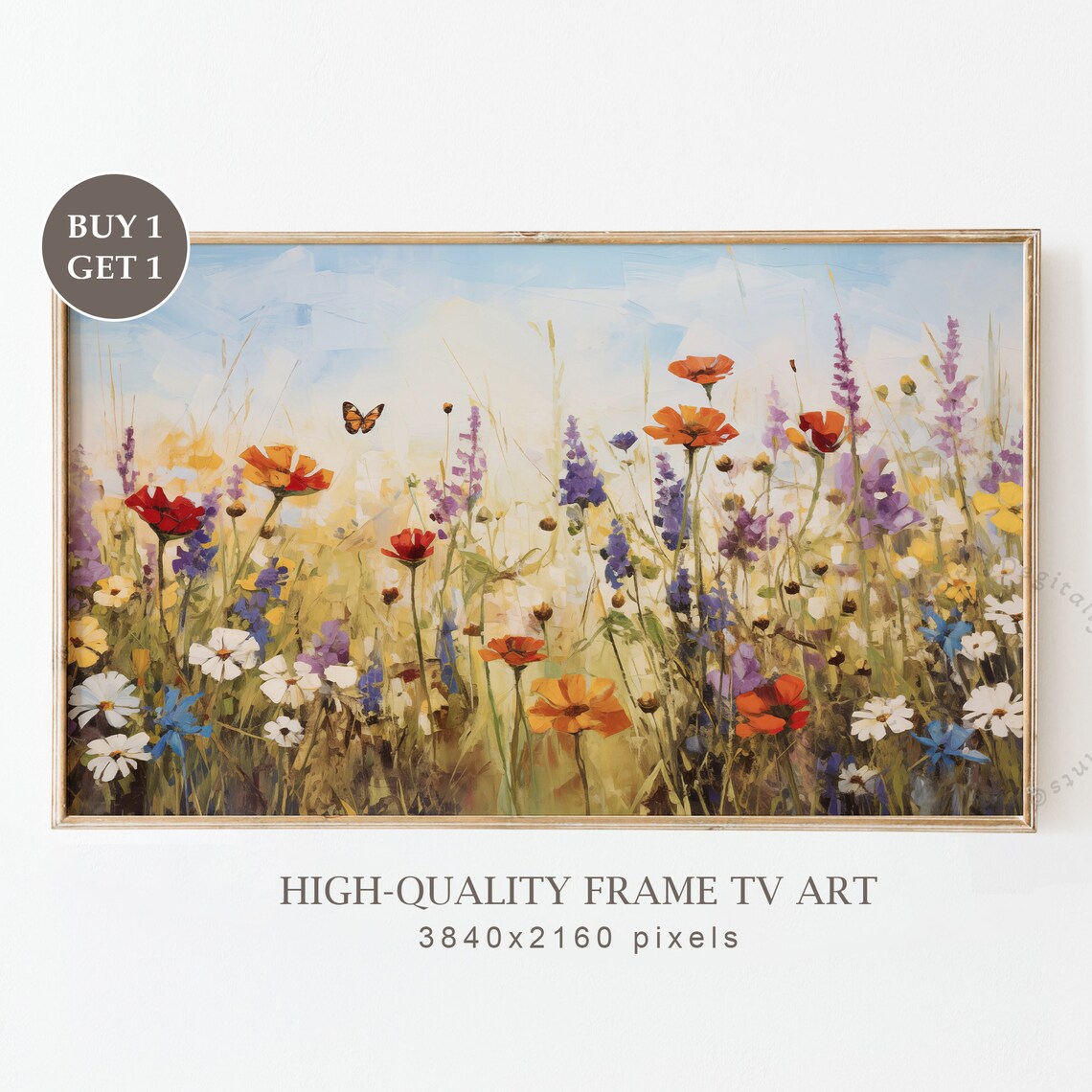 Spring Wildflower Meadow Butterfly Colorful Floral Garden Oil Painting Print