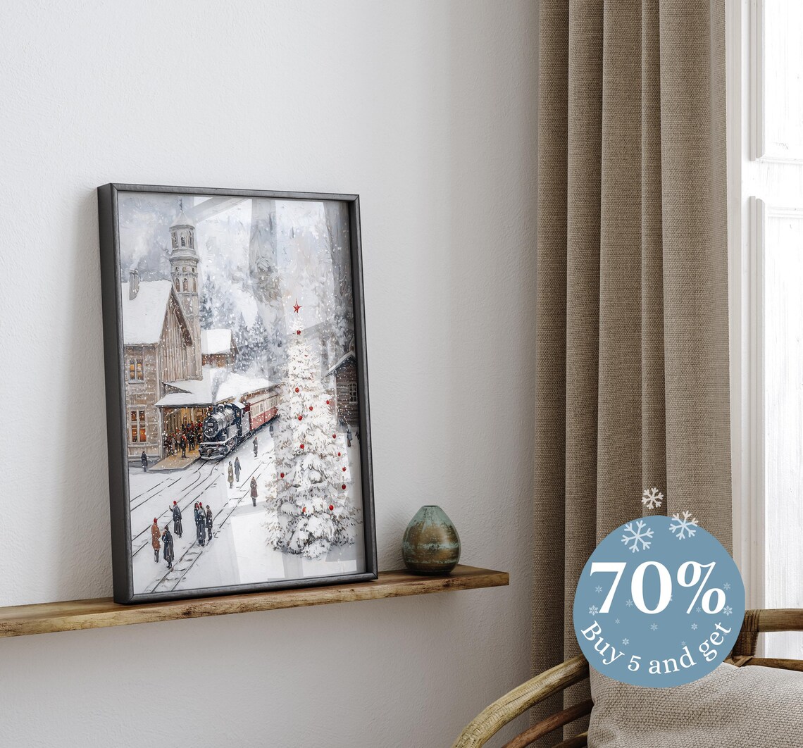 Vintage Christmas Train Station Art Print, Holiday - Image 3