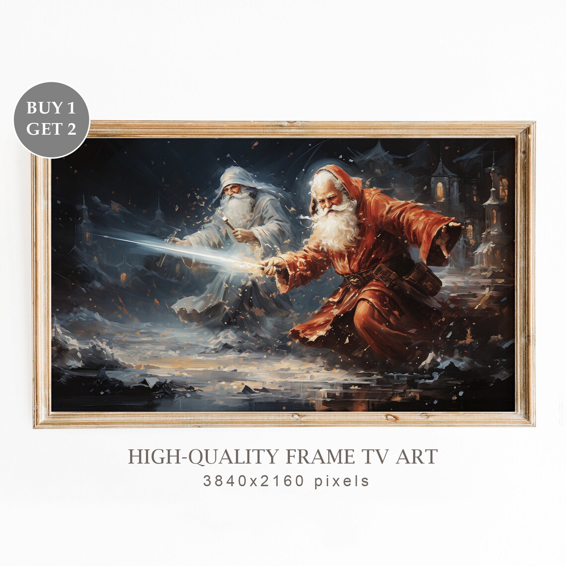 Santa Claus And Wizard Magical Battle Fantasy Christmas Art Print