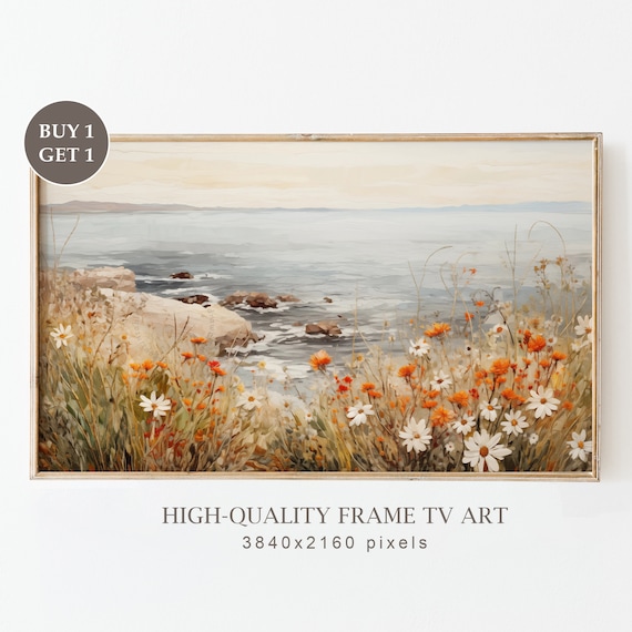 Frame Tv Art Vintage Coastal Wildflower Field Oil Painting Beach Art For Tv Moody Summer Cottagecore Wall Art