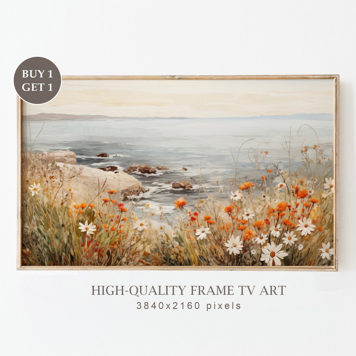 Coastal Wildflower Meadow Overlooking Rocky Sea Landscape Print