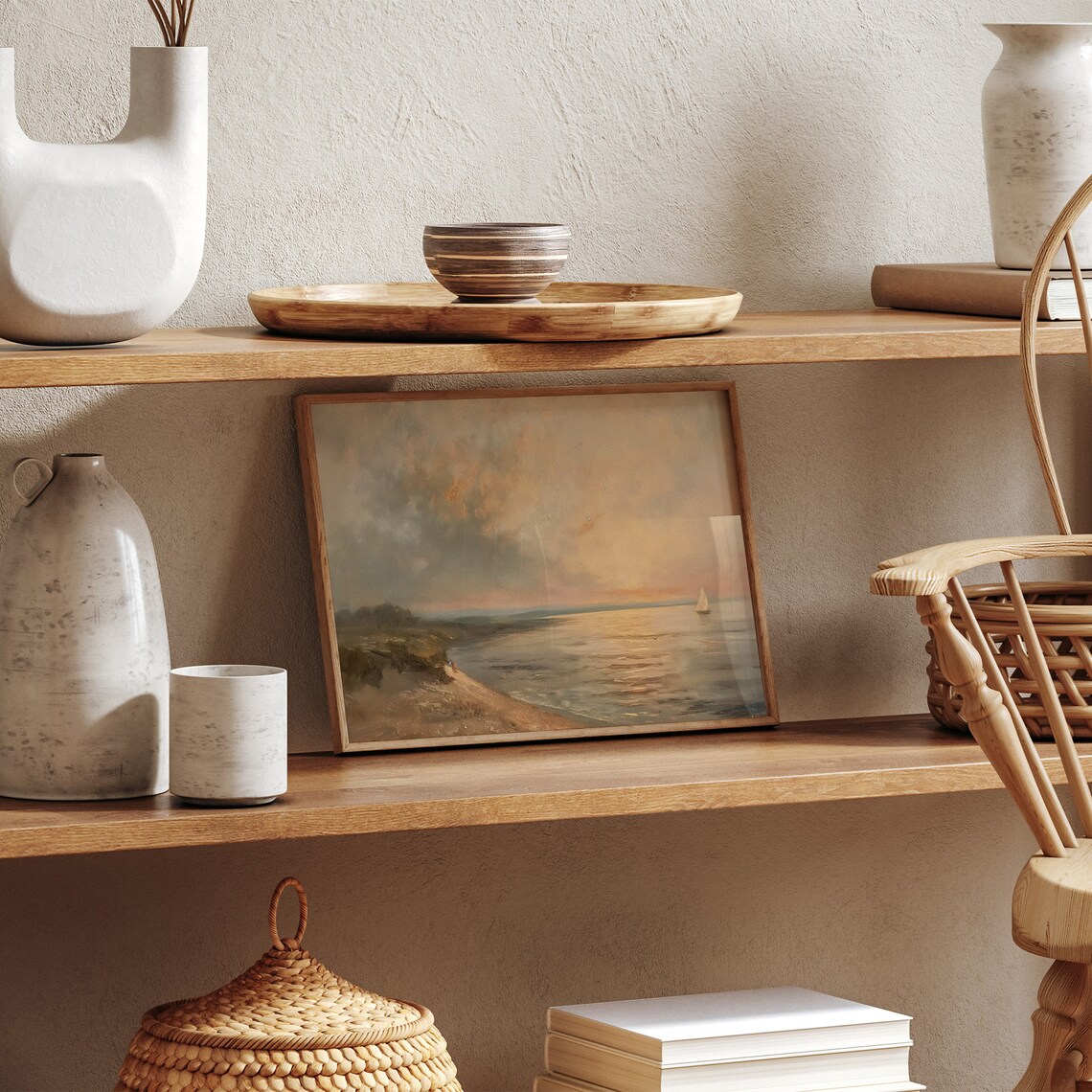Golden Sunset Coastal Bay Sailboat Dunes Warm Vintage Seascape Art Poster - Image 2