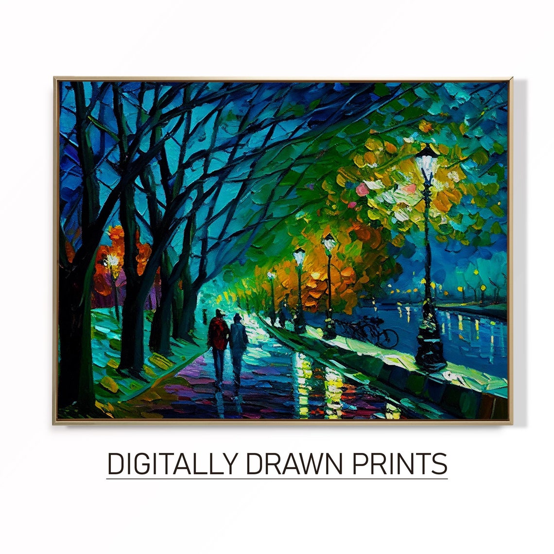 Night Lake Path Lampposts Couple Palette Knife Romantic Art Poster