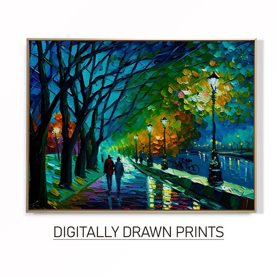 Night Lake Path Lampposts Couple Palette Knife Romantic Art Poster