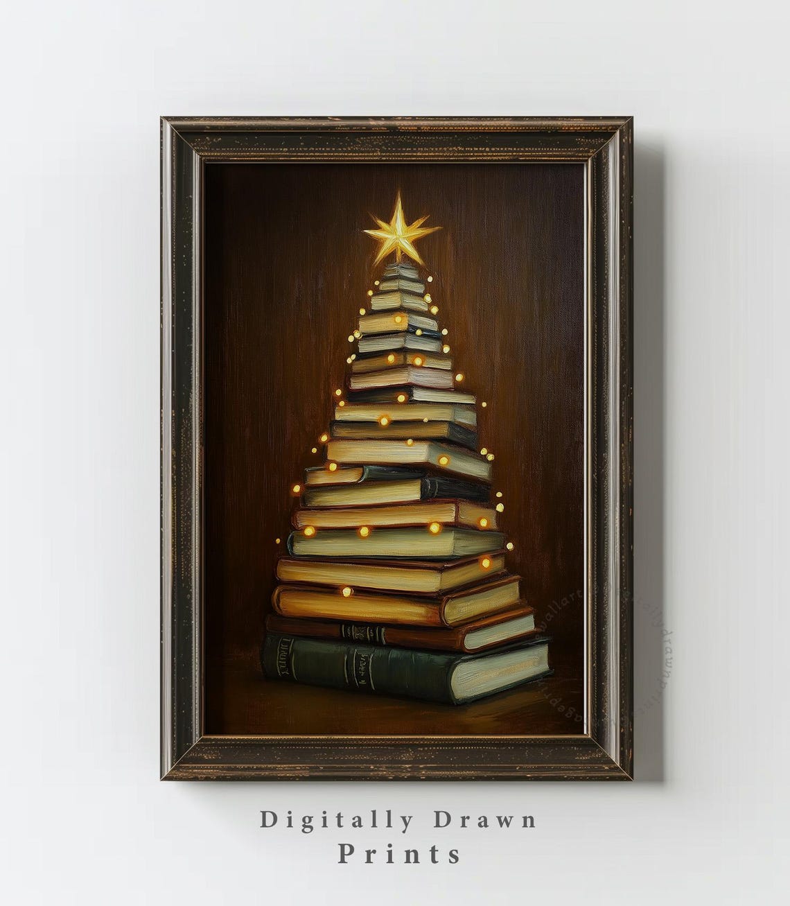 Book Stack Christmas Tree Lights Golden Star Dark Academia Poster - Image 4