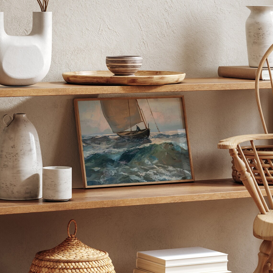 Lone Sailboat Rough Teal Waves Vintage Marine Oil Painting Nautical Poster - Image 3