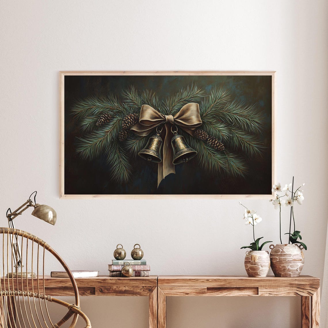 Dark Moody Christmas Bells Gold Bow Pine Branch Vintage Poster - Image 4