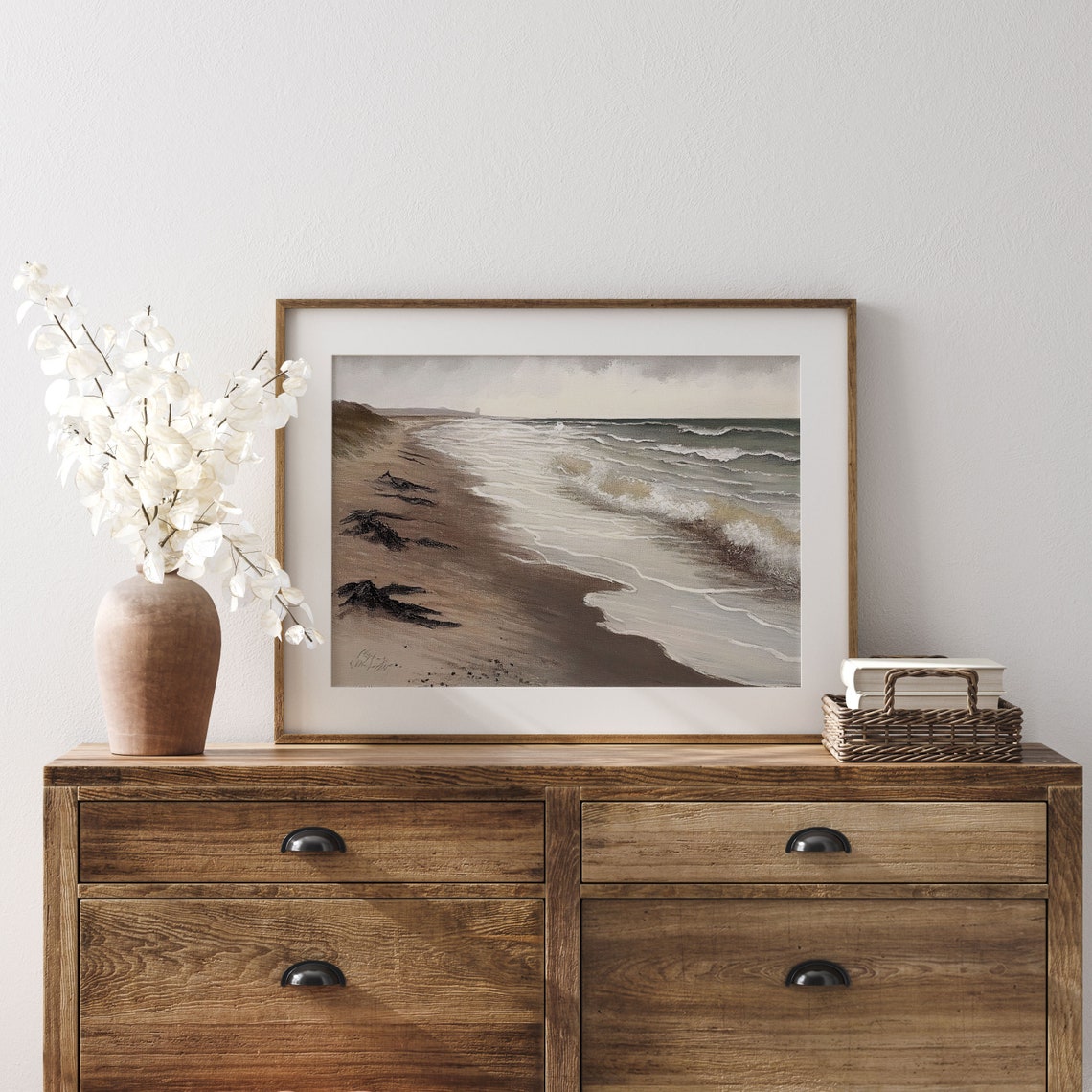 Muted Shoreline Waves Sepia Tones Vintage Beach Scene Art Poster - Image 3