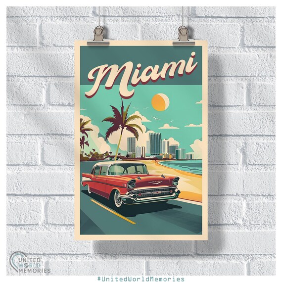 Miami Retro Revival Vintage Car Beach Travel Art Wall Poster