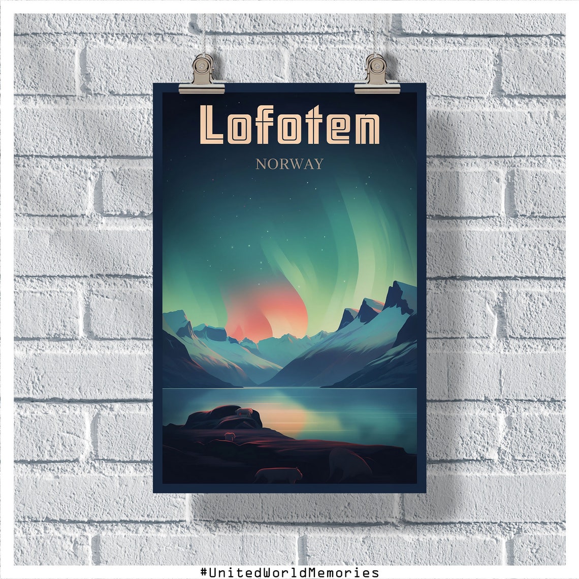 Lofoten Islands Poster Northern Lights Poster Norway Travel Poster Lofoten Wall Art Lofoten Gifts Norway Vintage Poster Lofoten Print