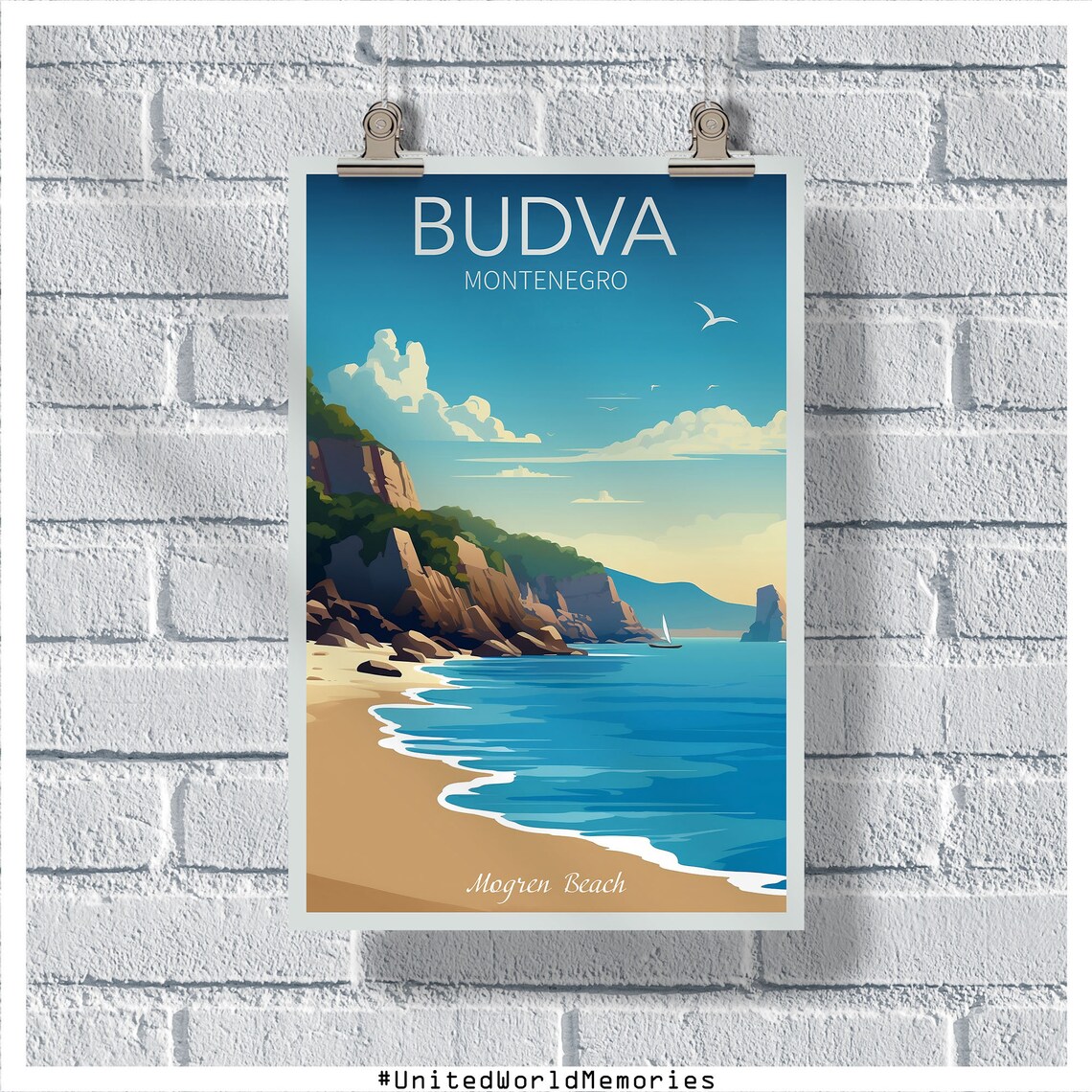 Budva Montenegro Mogren Beach Cliffs Blue Sea Vintage Travel Poster
