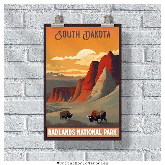 South Dakota Badlands National Park Bison Sunset Vintage Poster