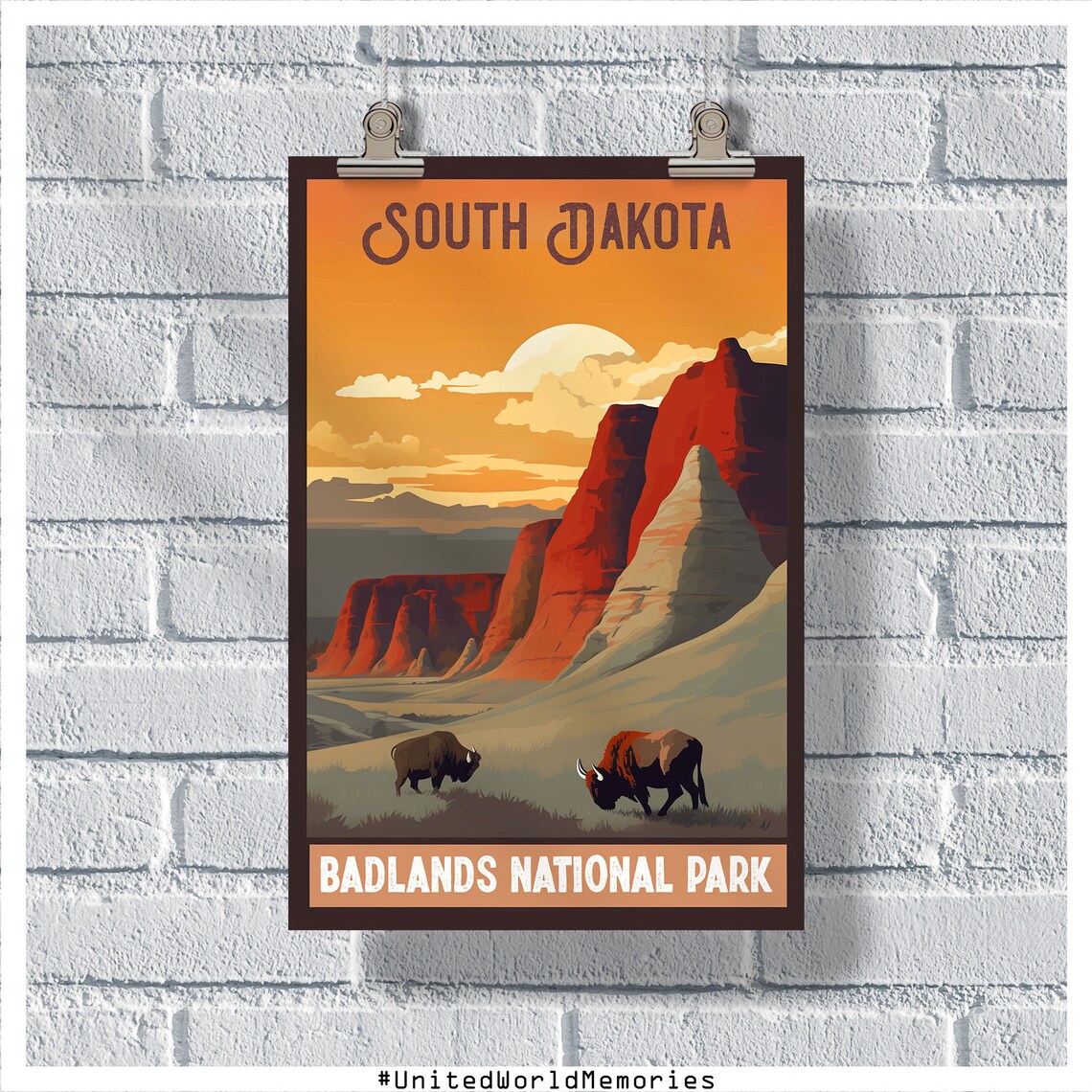 South Dakota Badlands National Park Bison Sunset Vintage Poster