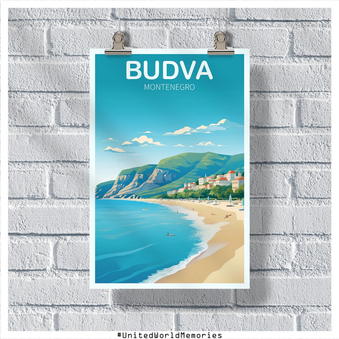 Budva Montenegro Beach Bay Hillside Town Retro Travel Poster