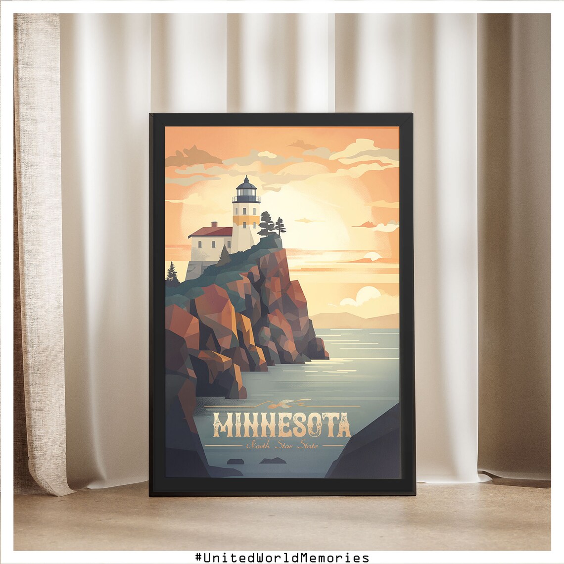 Minnesota North Star State Lighthouse Sunset Retro Travel Poster - Image 4
