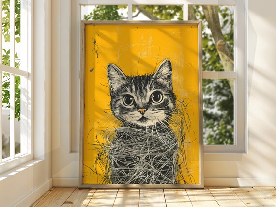 Cute Funny Kitten Sketch on Yellow Background Line Art Poster