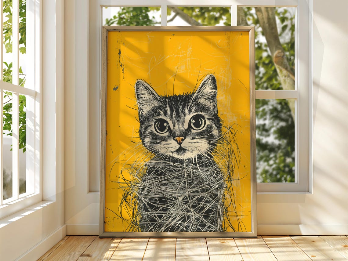 Cute Funny Kitten Sketch on Yellow Background Line Art Poster