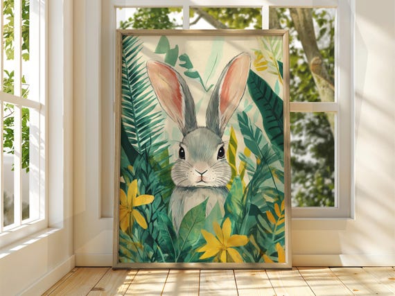 Bunny Rabbit Among Green Tropical Leaves And Yellow Flowers Poster