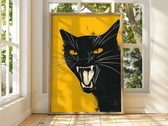 Fierce Black Cat Face On Yellow Pop Art Hissing Vintage Poster