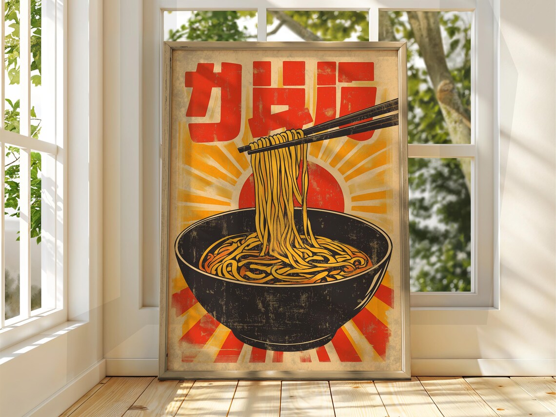Japanese Ramen Noodles Chopsticks Red Sun Kanji Retro Ad Poster