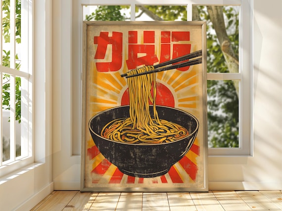 Japanese Ramen Noodles Chopsticks Red Sun Kanji Retro Ad Poster