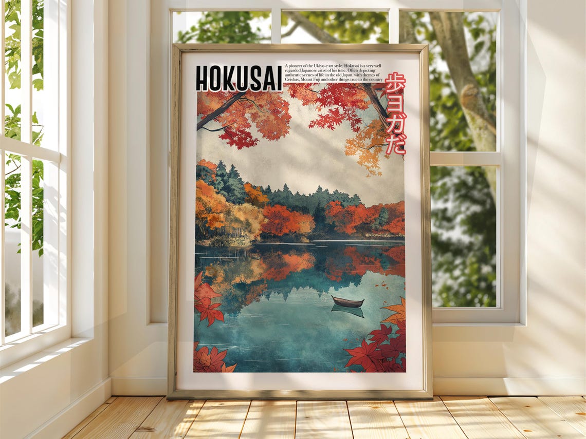 Hokusai Autumn Lake Red Maple Leaves Japanese Ukiyo-e Poster