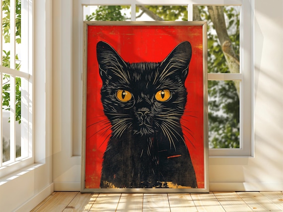 Black Cat Amber Eyes Red Pop Art Feline Portrait Fun Wall Poster