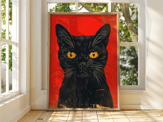 Black Cat On Red Poster Wall Art Illustration Fun Animal Feline Decor Kitten Pet