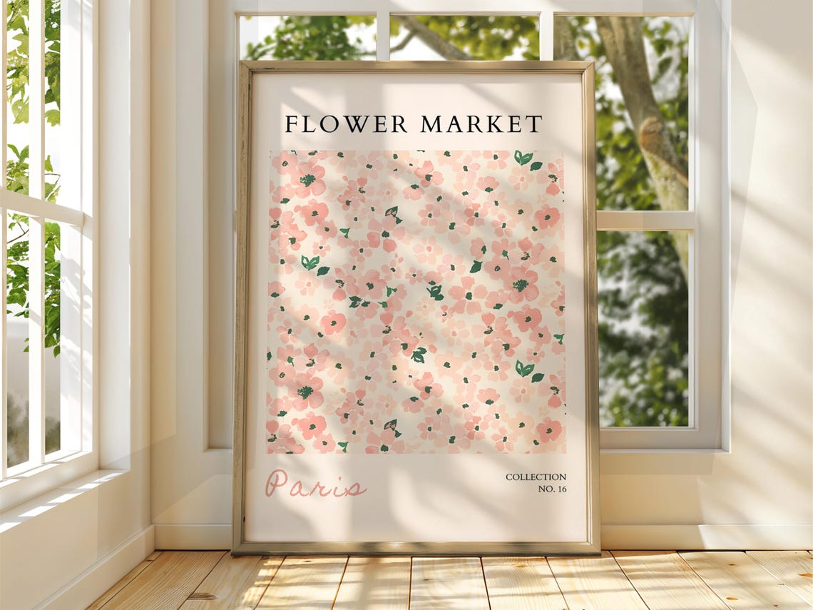 Paris Flower Market No 16 Pink Blossom Pattern Botanical Art Poster