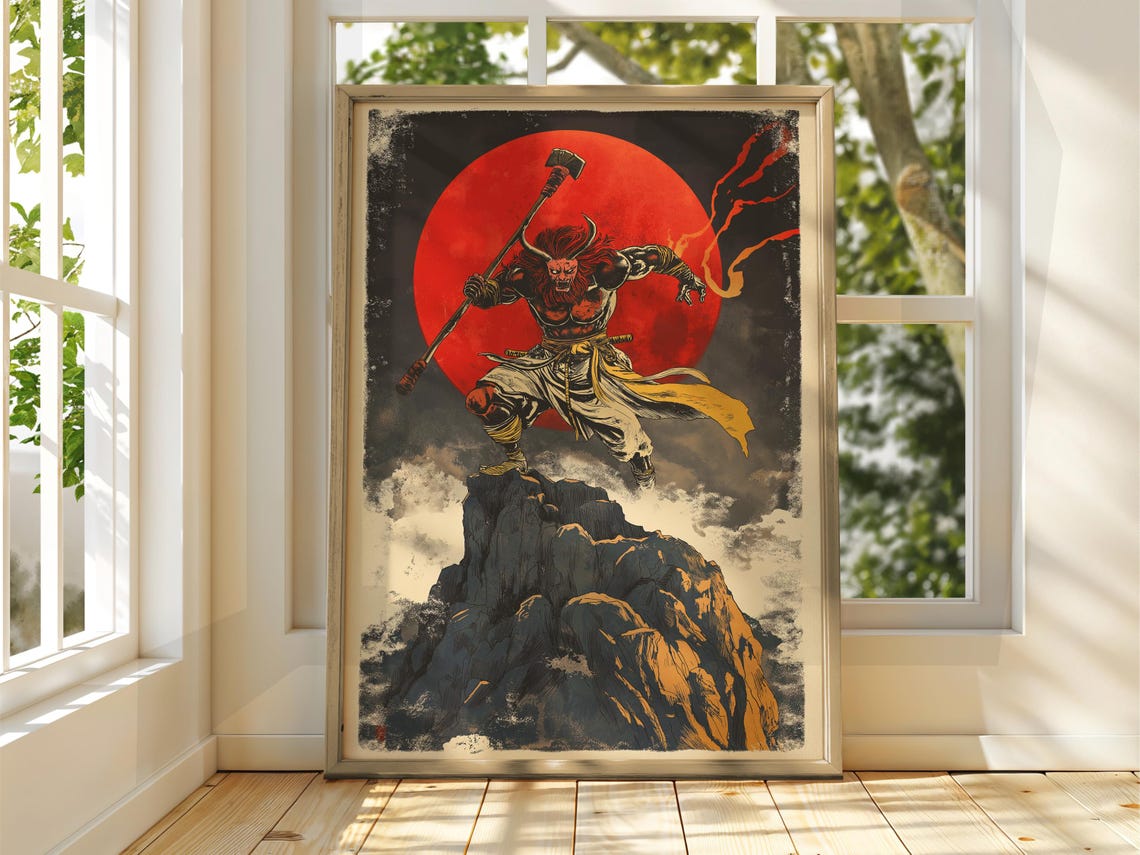 Red Demon Lord Axe Mountain Red Sun Japanese Ukiyo-E Art Poster