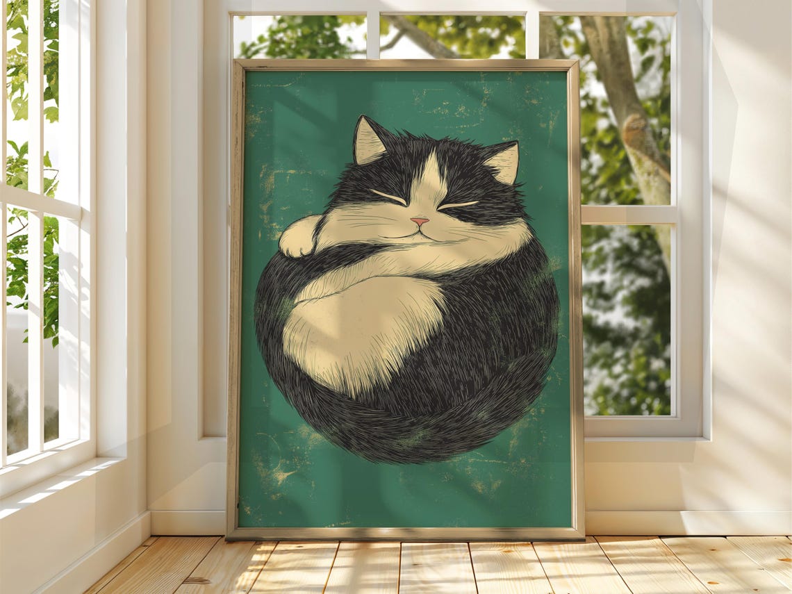 Sleeping Tuxedo Cat Curled Up Illustration Poster Teal Green Art