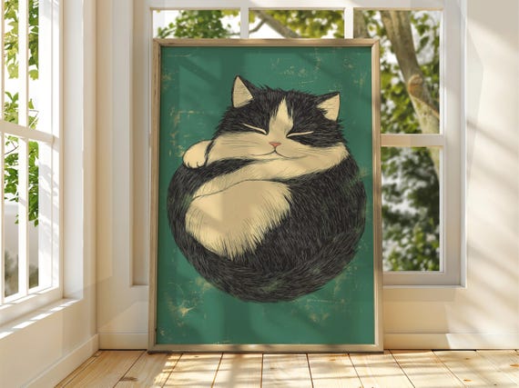 Curled Up Cat Poster Wall Art Illustration Fun Animal Feline Decor Kitten Grey Pet Sleeping