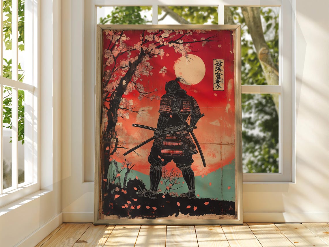 Samurai Warrior Cherry Blossom Red Sun Japanese Ukiyo E Style Poster