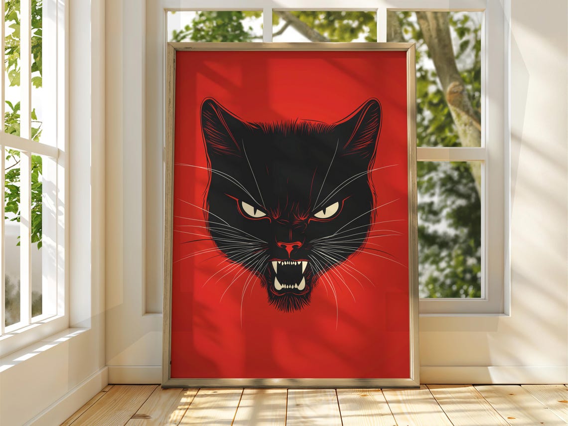Angry Black Cat Snarling Red Background Fierce Pop Art Feline Poster