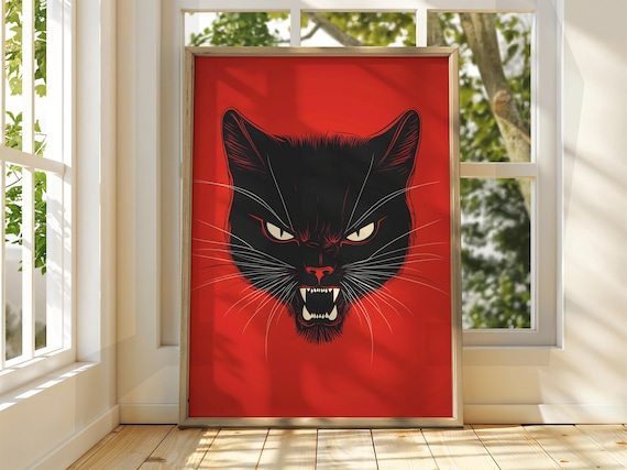 Angry Black Cat Snarling Red Background Fierce Pop Art Feline Poster