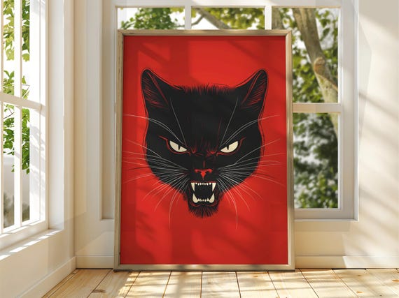 Angry Red Cat Poster Wall Art Illustration Fun Animal Feline Decor Kitten Black Pet