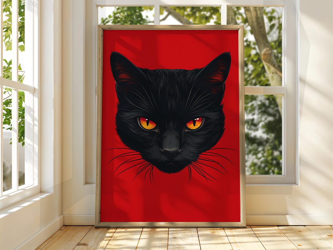 Black Cat Face Red Background Bold Feline Illustration Poster