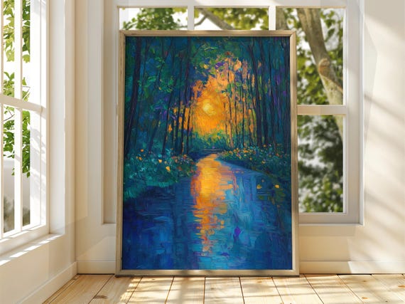 Colourful Sunset Over River Poster Oil Painting Art Print Dreamy Warm Summer Landscape Wall Nature Bright Home Decor