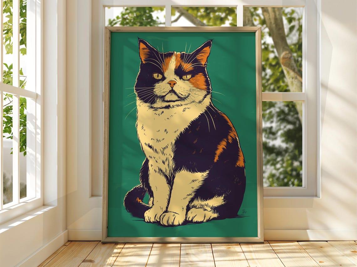 Grumpy Calico Cat Portrait Bold Pop Art Style On Green Poster
