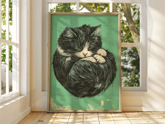 Curled Up Cat Poster Wall Art Illustration Fun Animal Feline Decor Kitten Grey Pet Sleeping